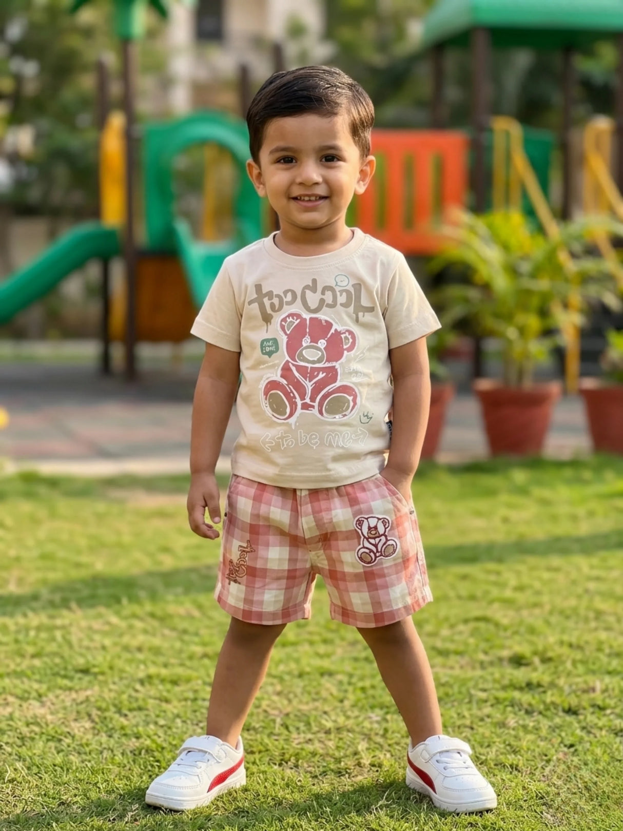 Boys Maroon Bear Print T-Shirt & Checkered Shorts Co-ord Set