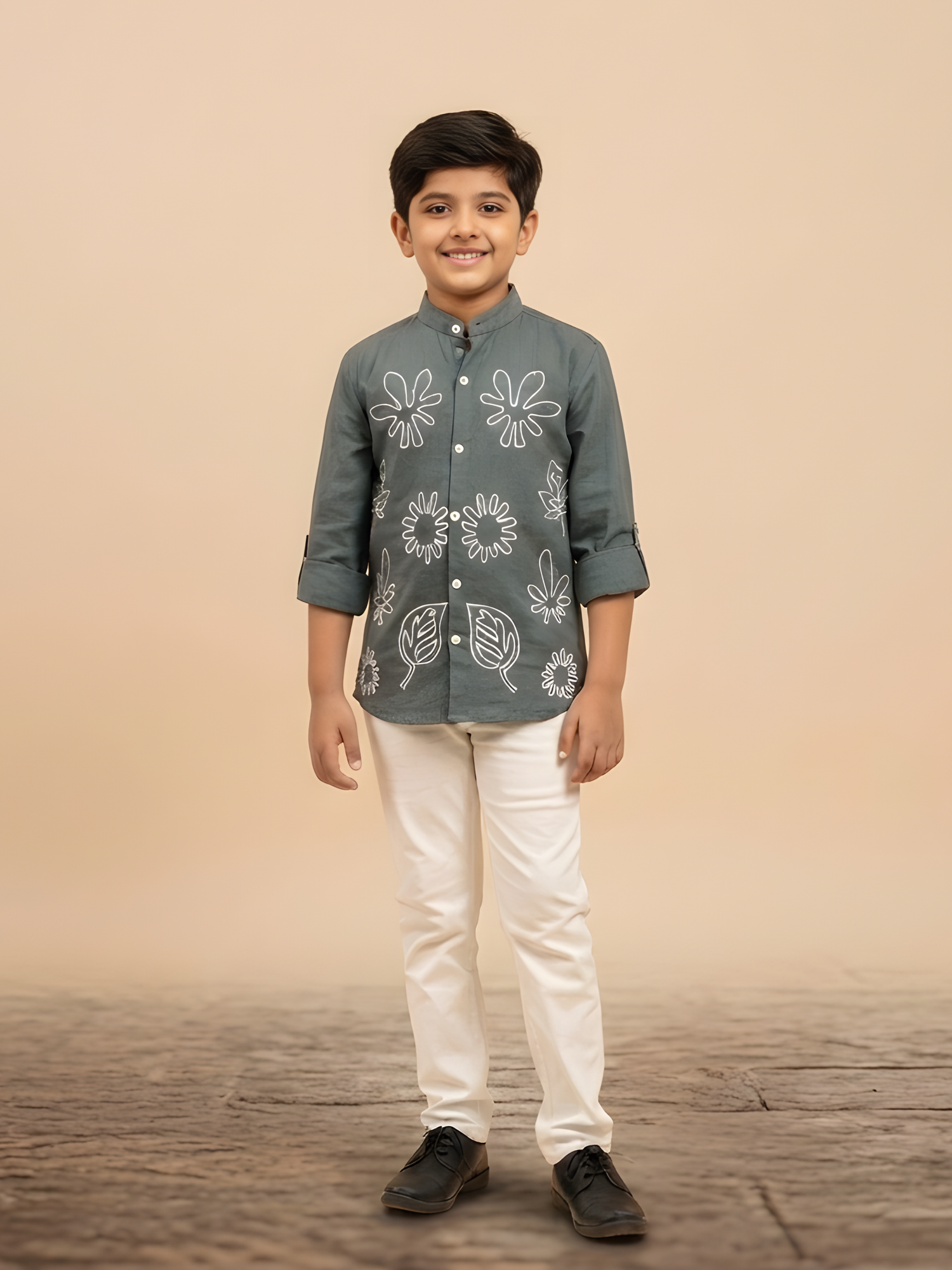 Boys' Dark Green Roll-Up Shirt with White Floral/Leaf Embroidery