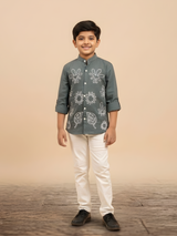 Boys' Dark Green Roll-Up Shirt with White Floral/Leaf Embroidery