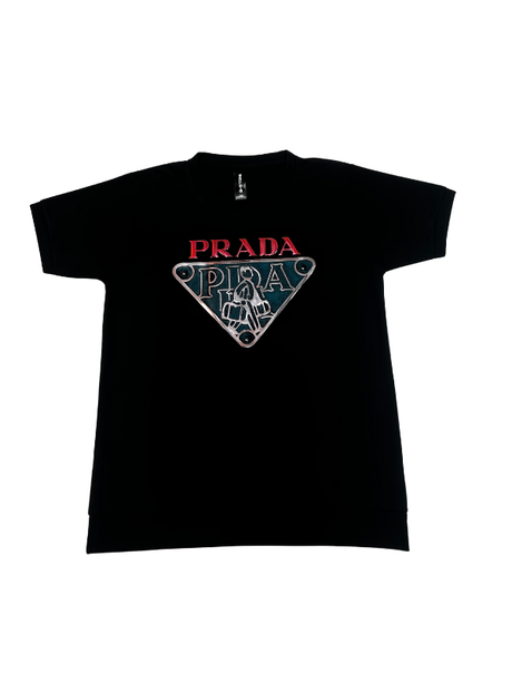 Black boys' matching coordinate set, including a short-sleeve T-shirt with a large metallic triangle logo and black shorts with a white logo graphic and drawstring