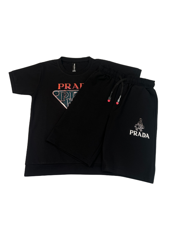 Black boys' matching coordinate set, including a short-sleeve T-shirt with a large metallic triangle logo and black shorts with a white logo graphic and drawstring