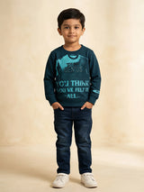 Boys navy blue full sleeve t-shirt featuring a stylish graphic text print.