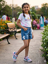 Girls Navy Blue Embroidered Denim Shorts.