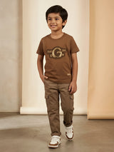 Brown graphic print cotton t-shirt for boys displayed on a white background
