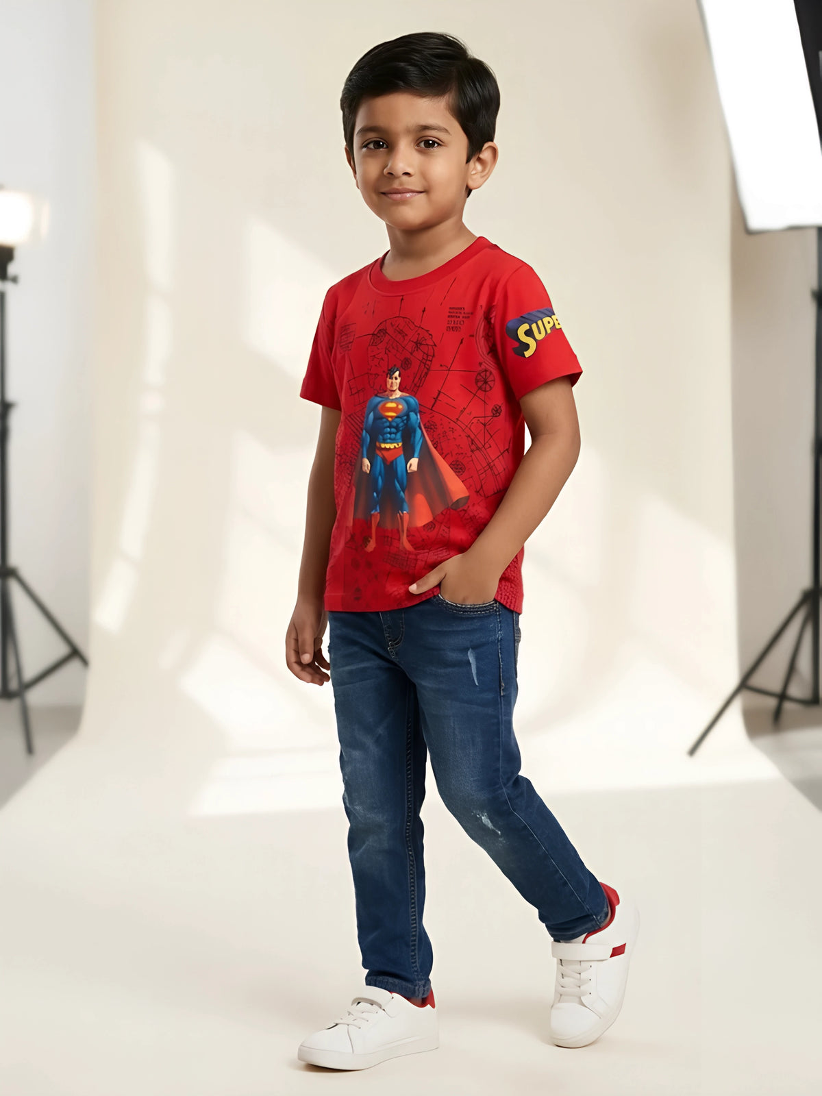 Red Superman graphic print t-shirt for boys casual wear.