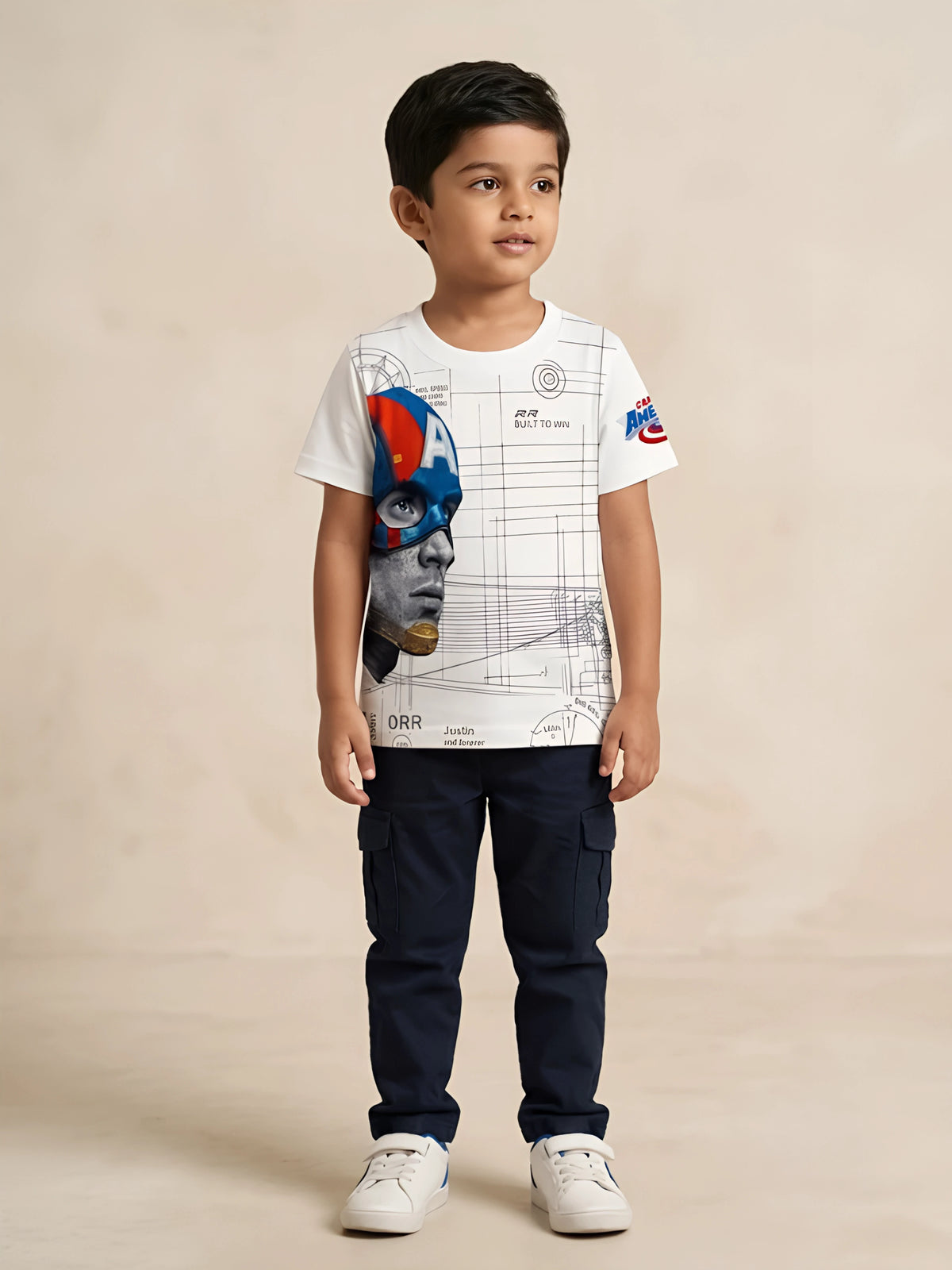 Boys white graphic print Captain America short sleeve t-shirt with blueprint design.