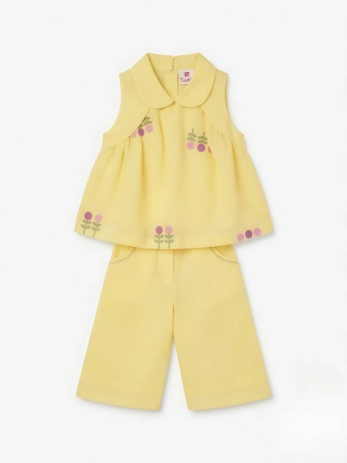 Girls Yellow Floral Embroidered Two Piece Co-Ord Set.