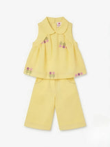 Girls Yellow Floral Embroidered Two Piece Co-Ord Set.
