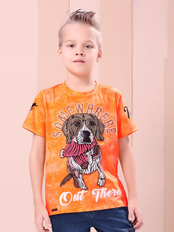Young boy modeling a bright orange T-shirt with a subtle wash effect, featuring a large, stylized dog graphic and the text 'Somewhere Out There' in white.