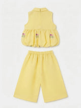 Girls Yellow Floral Embroidered Two Piece Co-Ord Set.
