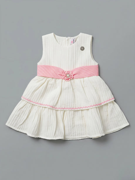 Cream Tiered Party Frock with Pink Floral Sash