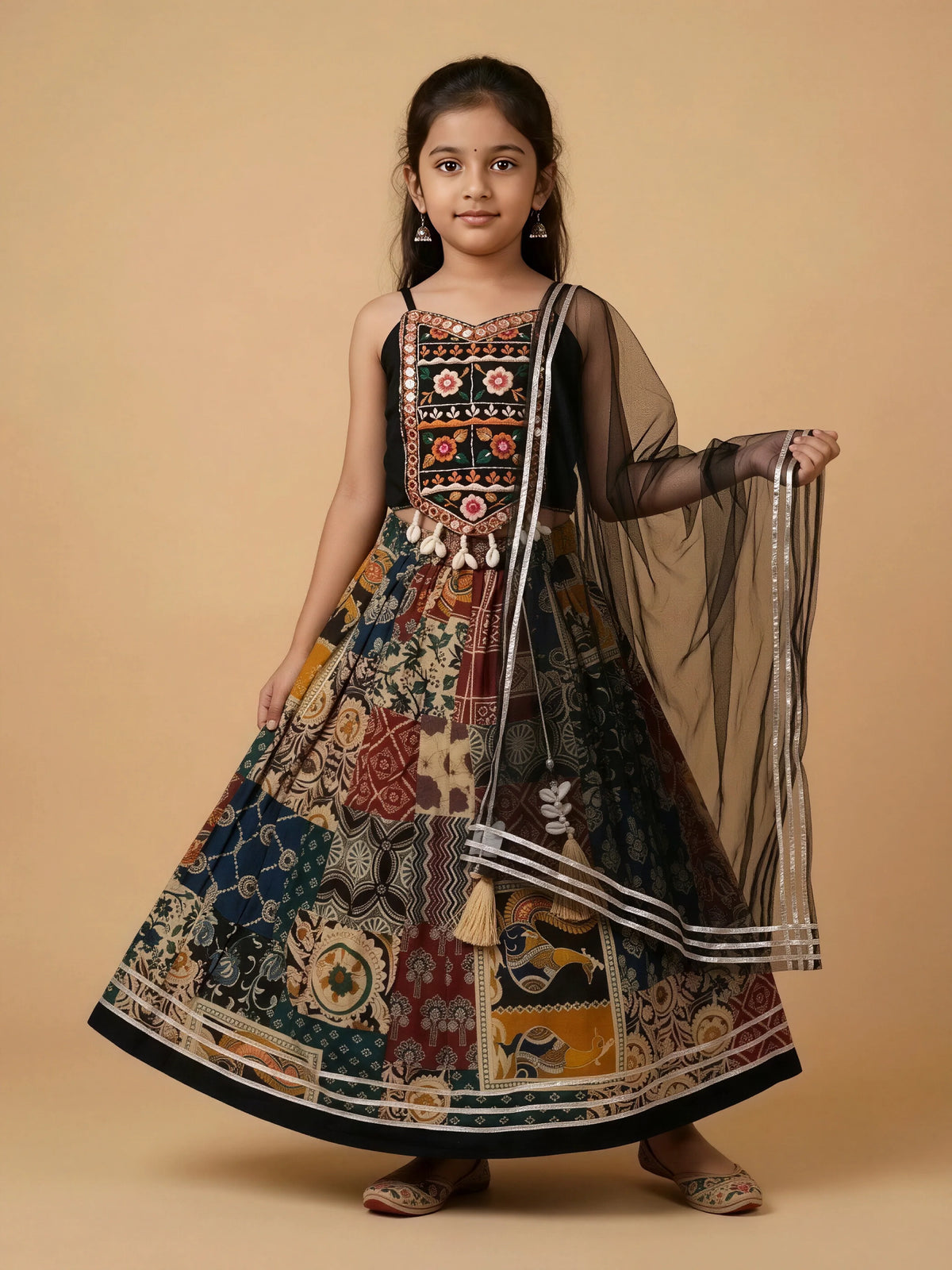 Girls black embroidered patchwork print lehenga choli set with dupatta