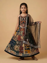 Girls black embroidered patchwork print lehenga choli set with dupatta