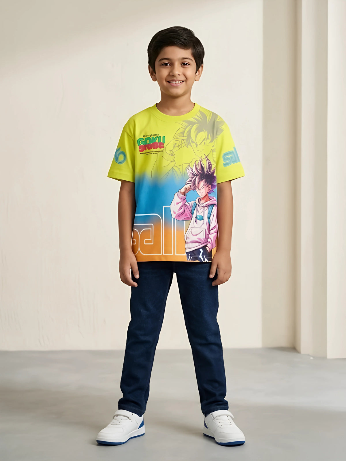 Young boy wearing a light green graphic printed round neck casual t-shirt with anime character design paired with dark jeans.