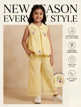Girls Yellow Floral Embroidered Two Piece Co-Ord Set.