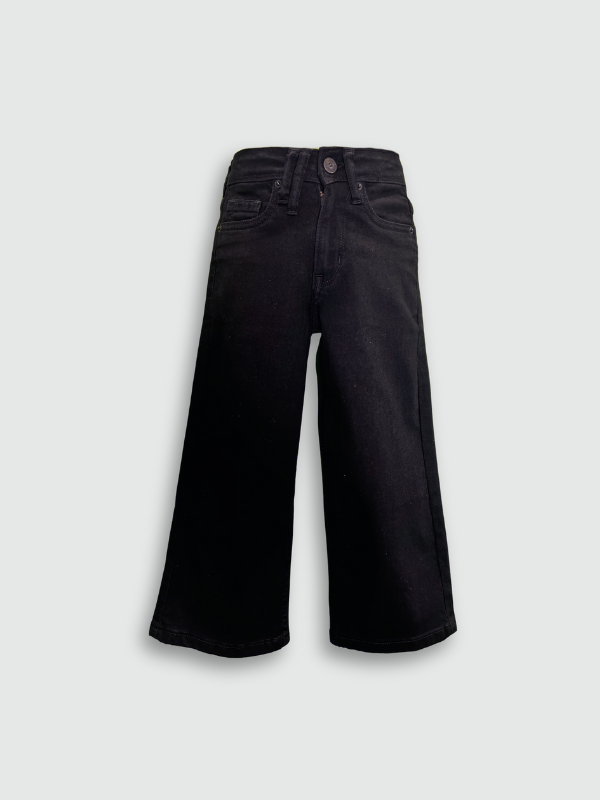 Solid black children's wide-leg denim jeans with a high-waist fit, shown straight on a white background
