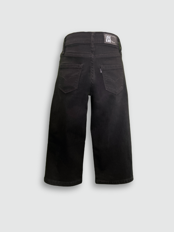 Solid black children's wide-leg denim jeans with a high-waist fit, shown straight on a white background