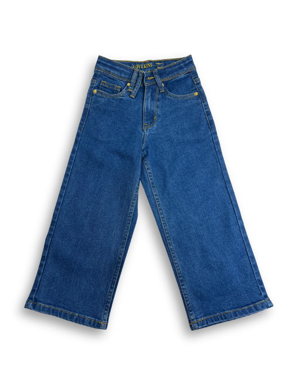 Medium blue wash children's wide-leg denim jeans with a high-waist fit and gold contrast stitching