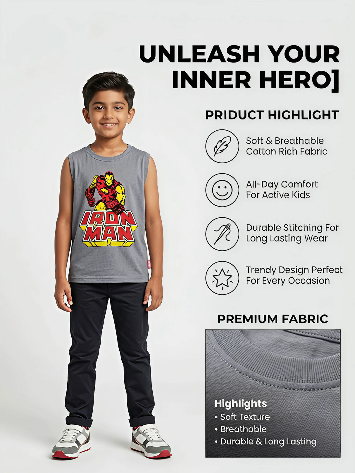 Boys Grey Iron Man Superhero Sleeveless T-shirt