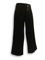 Girls' navy blue wide-leg trousers with a smooth, tailored fit, featuring a gold zipper accent and a fine metallic gold glitter stripe down the side seam.