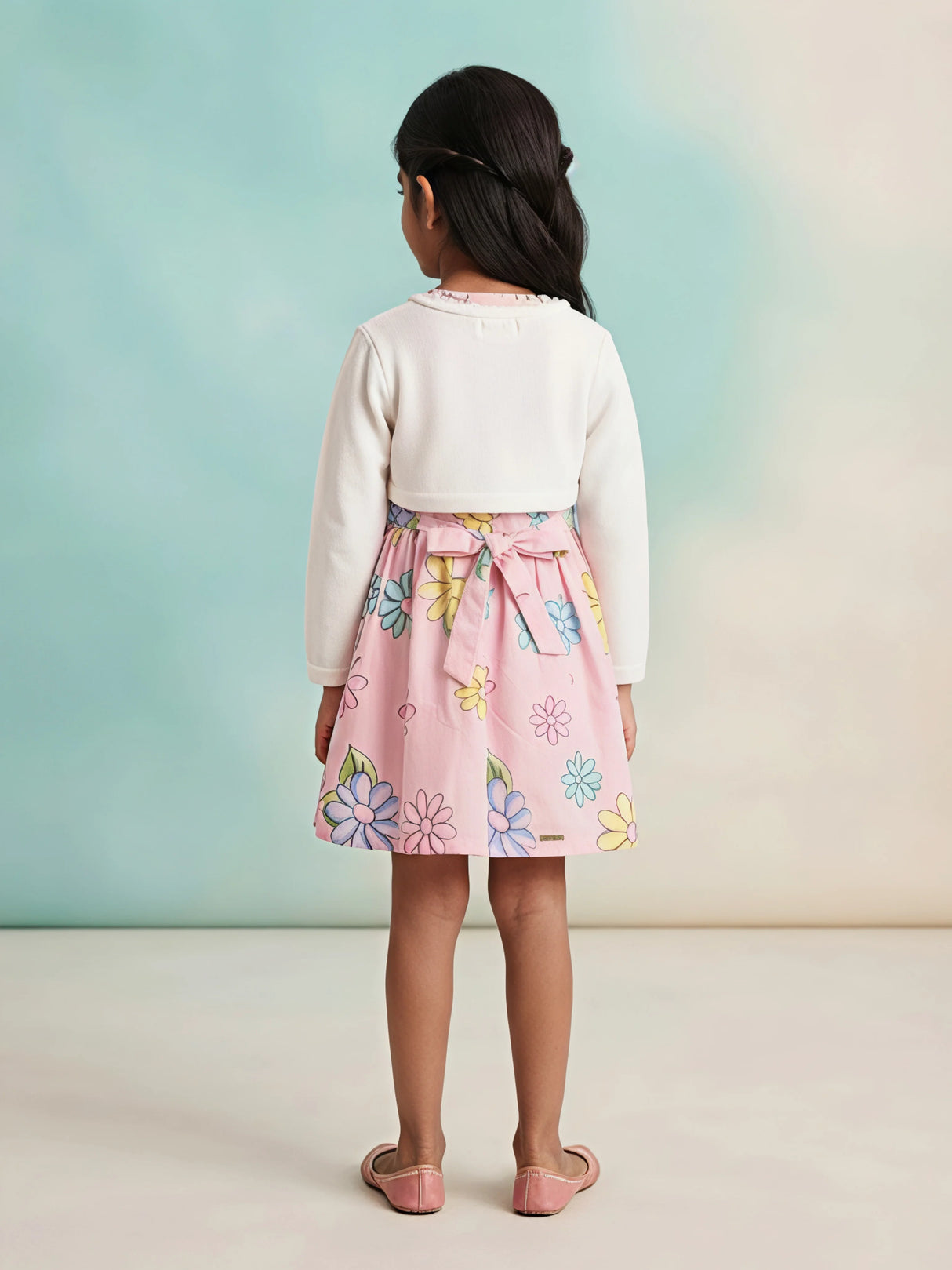 Girls Peach Floral Frock with White Koti Jacket