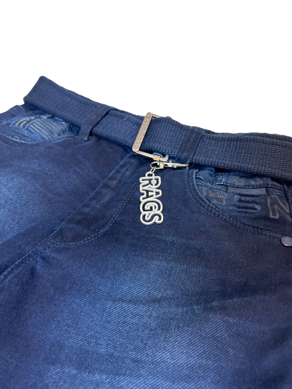 Boys' dark blue wash denim jeans in a classic straight-leg cut, featuring an elastic waistband and a thick beige web belt with a silver rectangular buckle.

Export to Sheets