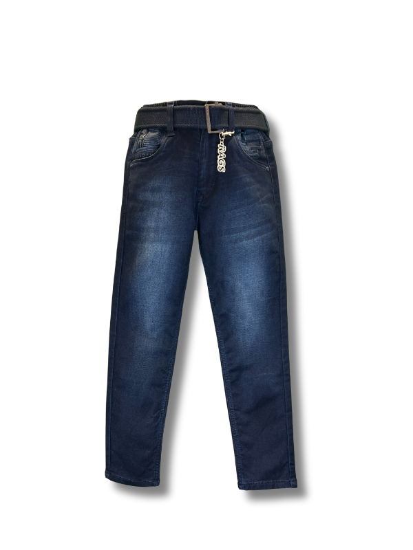 Boys' dark blue wash denim jeans in a classic straight-leg cut, featuring an elastic waistband and a thick beige web belt with a silver rectangular buckle.

Export to Sheets