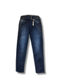 Boys' dark blue wash denim jeans in a classic straight-leg cut, featuring an elastic waistband and a thick beige web belt with a silver rectangular buckle.

Export to Sheets
