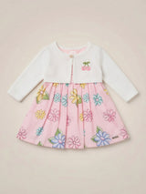 Girls Peach Floral Frock with White Koti Jacket