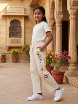 Girls Cream Crochet Floral Wide Leg Pants Set