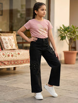 Girls Black Floral Applique Wide Leg Denim Pants