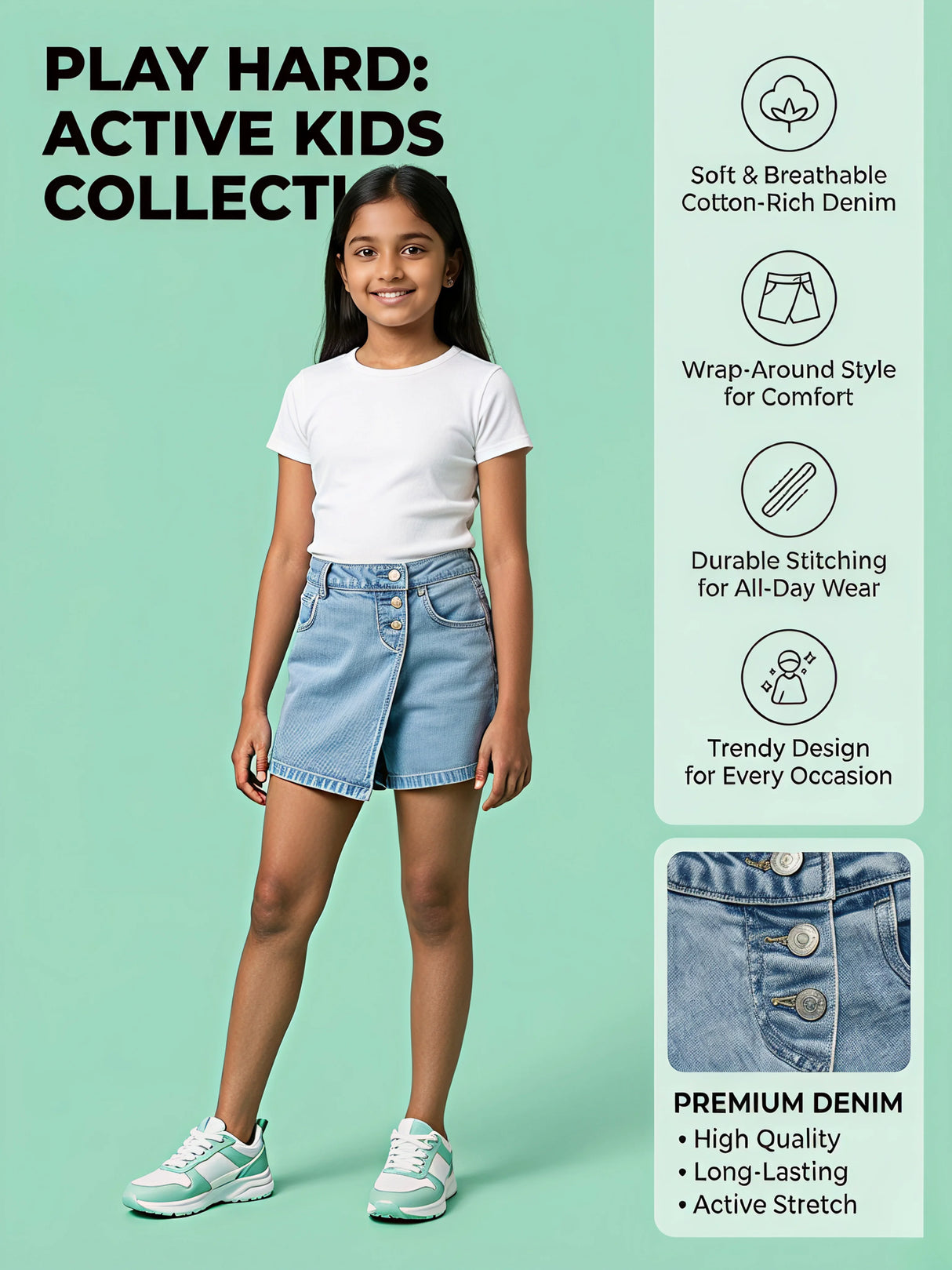 Girls Light Blue Denim Skort Shorts