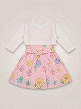 Girls Peach Floral Frock with White Koti Jacket