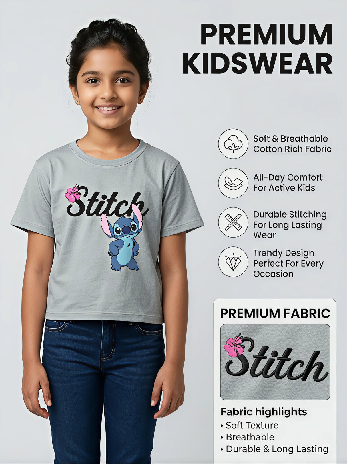 Girls Grey Stitch Graphic Tee