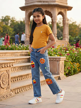 Girls Blue Food-Themed Patchwork Jeans