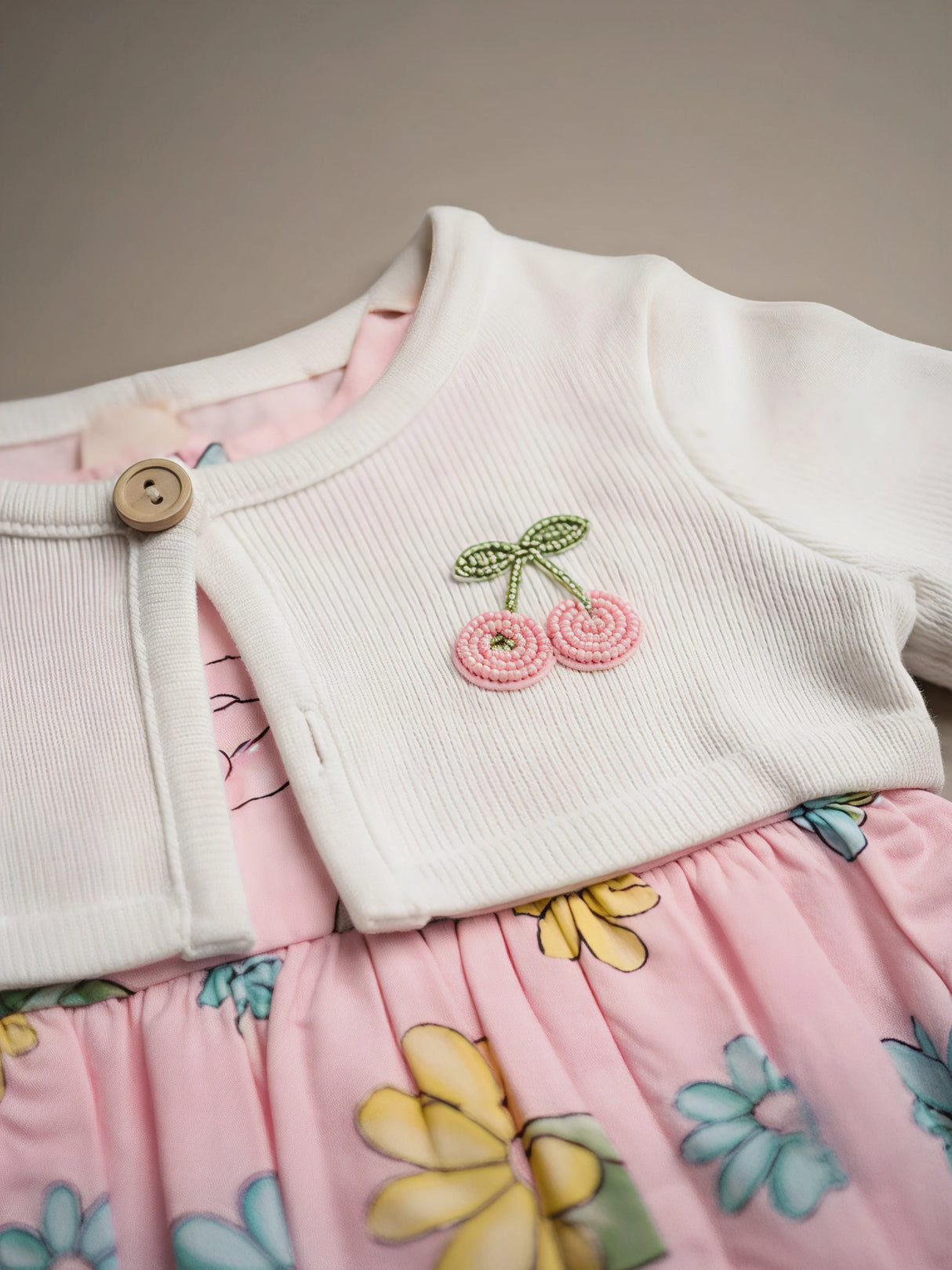 Girls Peach Floral Frock with White Koti Jacket