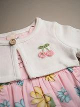 Girls Peach Floral Frock with White Koti Jacket