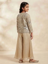 Cream Embroidered Mirror Work Plazzo Set with Jacket for Girls
