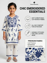 Girls' White Kurti & Trouser Set with Navy Blue Lucknowi Embroidery ()