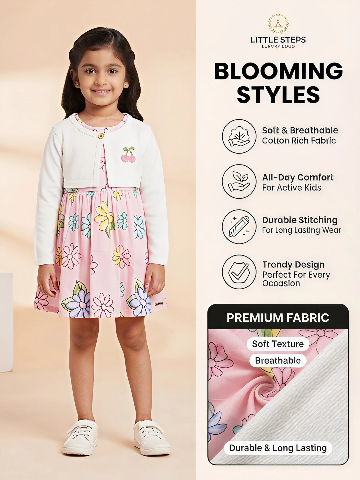 Girls Peach Floral Frock with White Koti Jacket