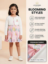 Girls Peach Floral Frock with White Koti Jacket