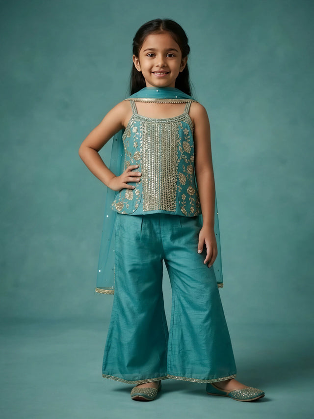 Girls sea green embroidered sleeveless top with matching wide-leg palazzo pants and net dupatta