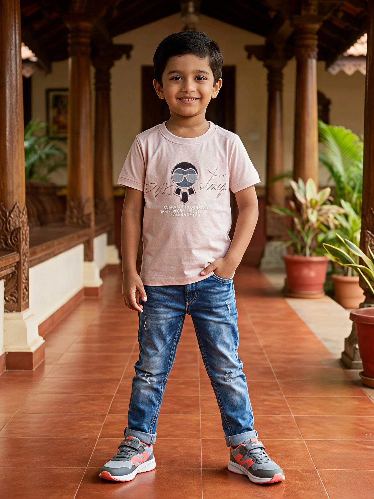 Boys Peach Graphic Print Crew Neck T-Shirt