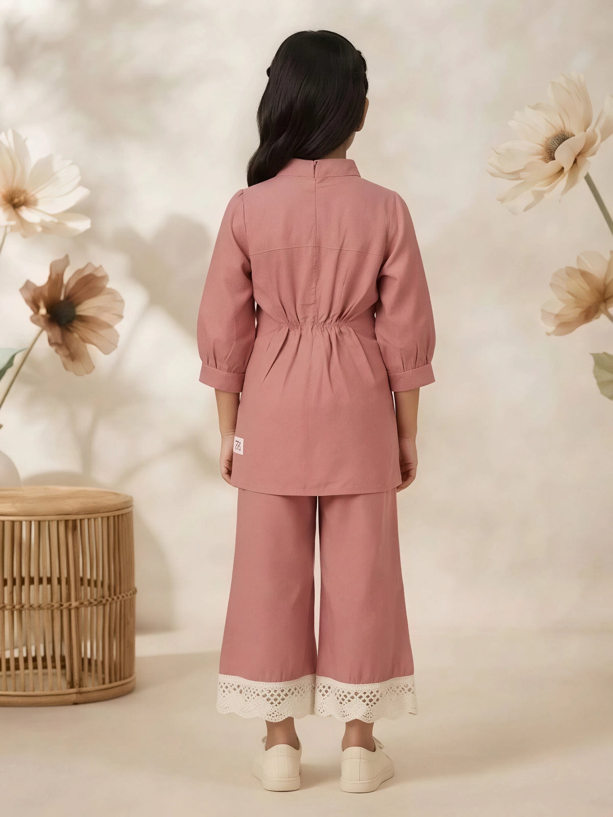 Girls Peach Embroidered Two Piece Set.