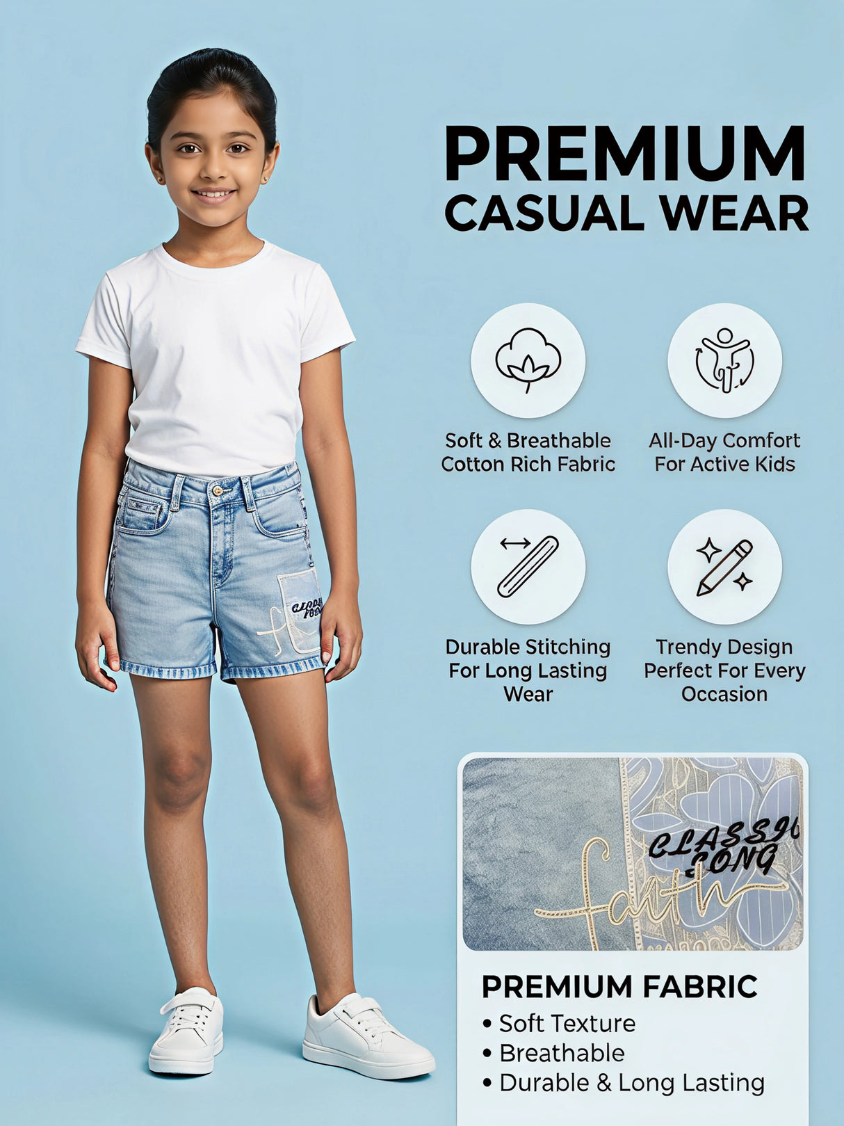 Girls Light Blue Washed Denim Shorts