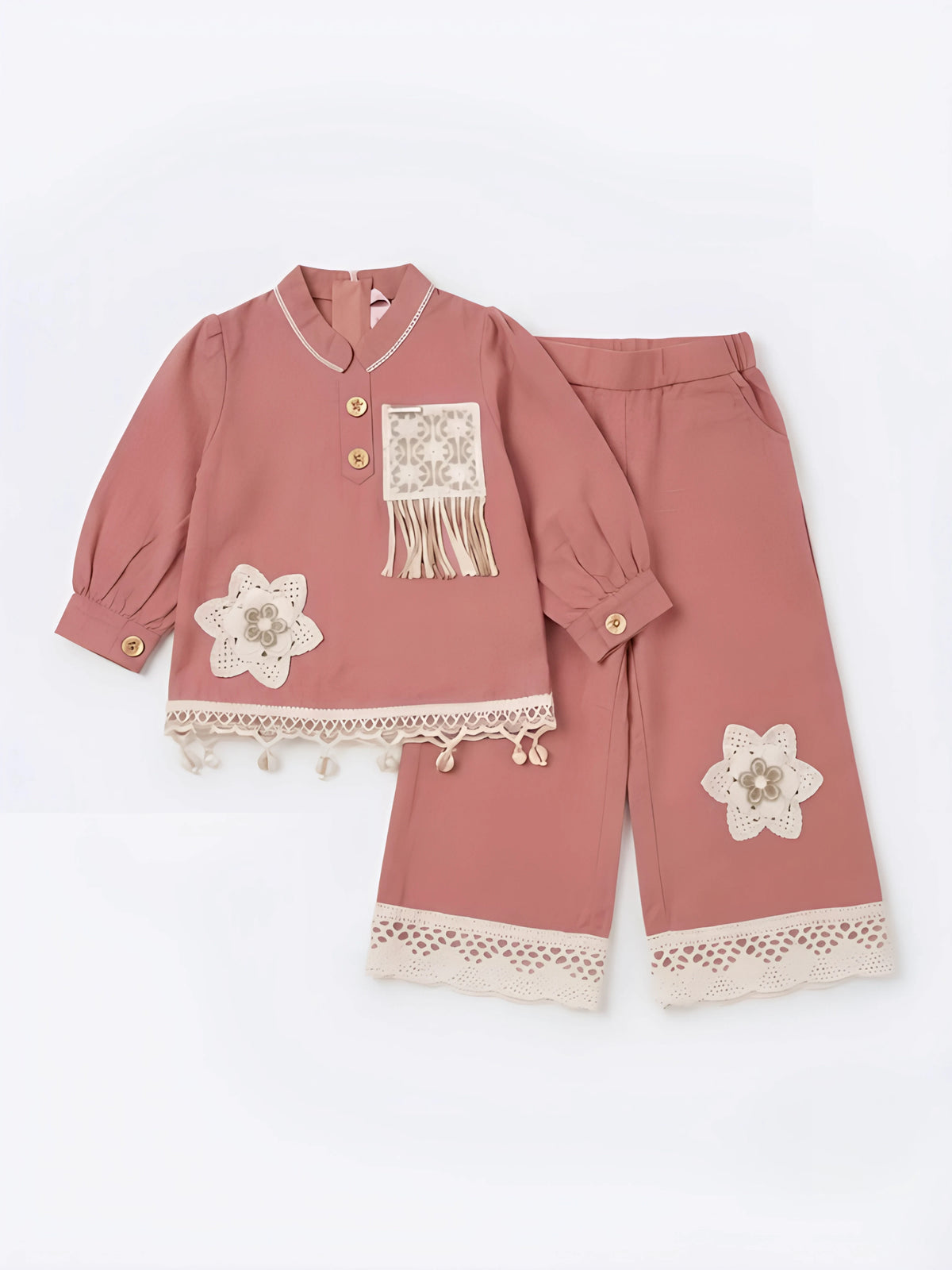 Girls Peach Embroidered Two Piece Set.