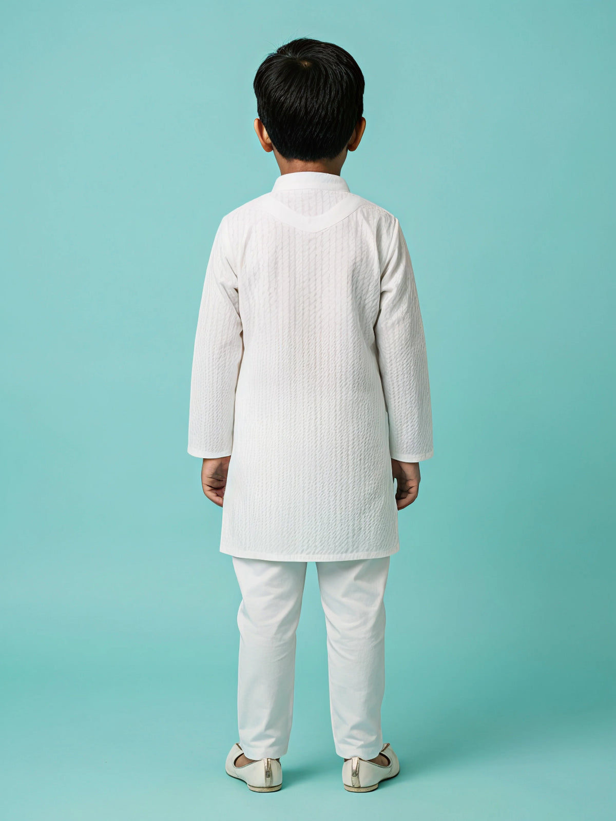 Boys White Textured Kurta Set.
