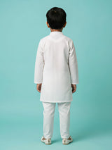 Boys White Textured Kurta Set.