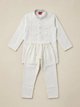 Boys White Textured Kurta Set.