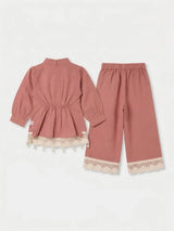 Girls Peach Embroidered Two Piece Set.